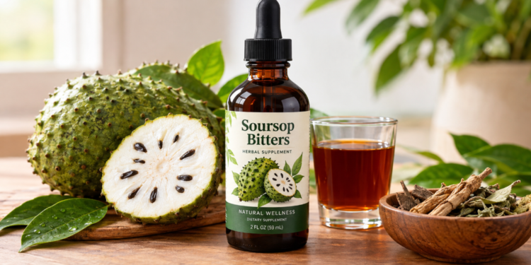 Soursop bitters bottle with fresh soursop fruit and herbal ingredients