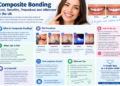 Composite bonding infographic showing the procedure, benefits, UK cost, longevity and aftercare for bonded teeth