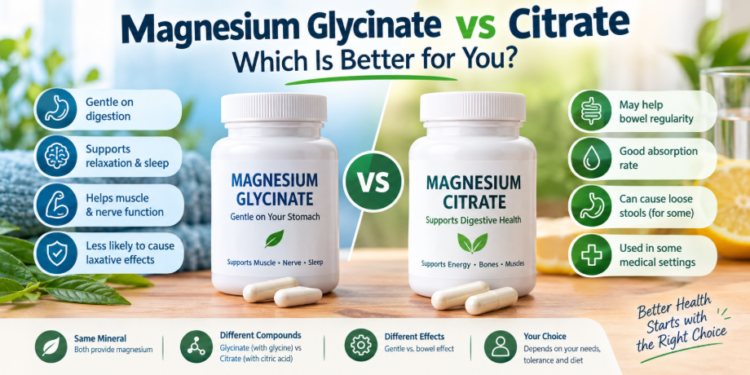 Magnesium glycinate vs citrate comparison showing differences in digestion, absorption, and uses