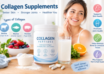 Collagen supplements infographic showing collagen peptides, bovine, marine and porcine collagen types, with skin and joint health benefits.