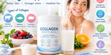 Collagen supplements infographic showing collagen peptides, bovine, marine and porcine collagen types, with skin and joint health benefits.