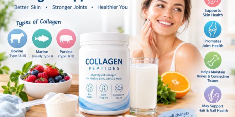 Collagen supplements infographic showing collagen peptides, bovine, marine and porcine collagen types, with skin and joint health benefits.