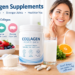 Collagen supplements infographic showing collagen peptides, bovine, marine and porcine collagen types, with skin and joint health benefits.