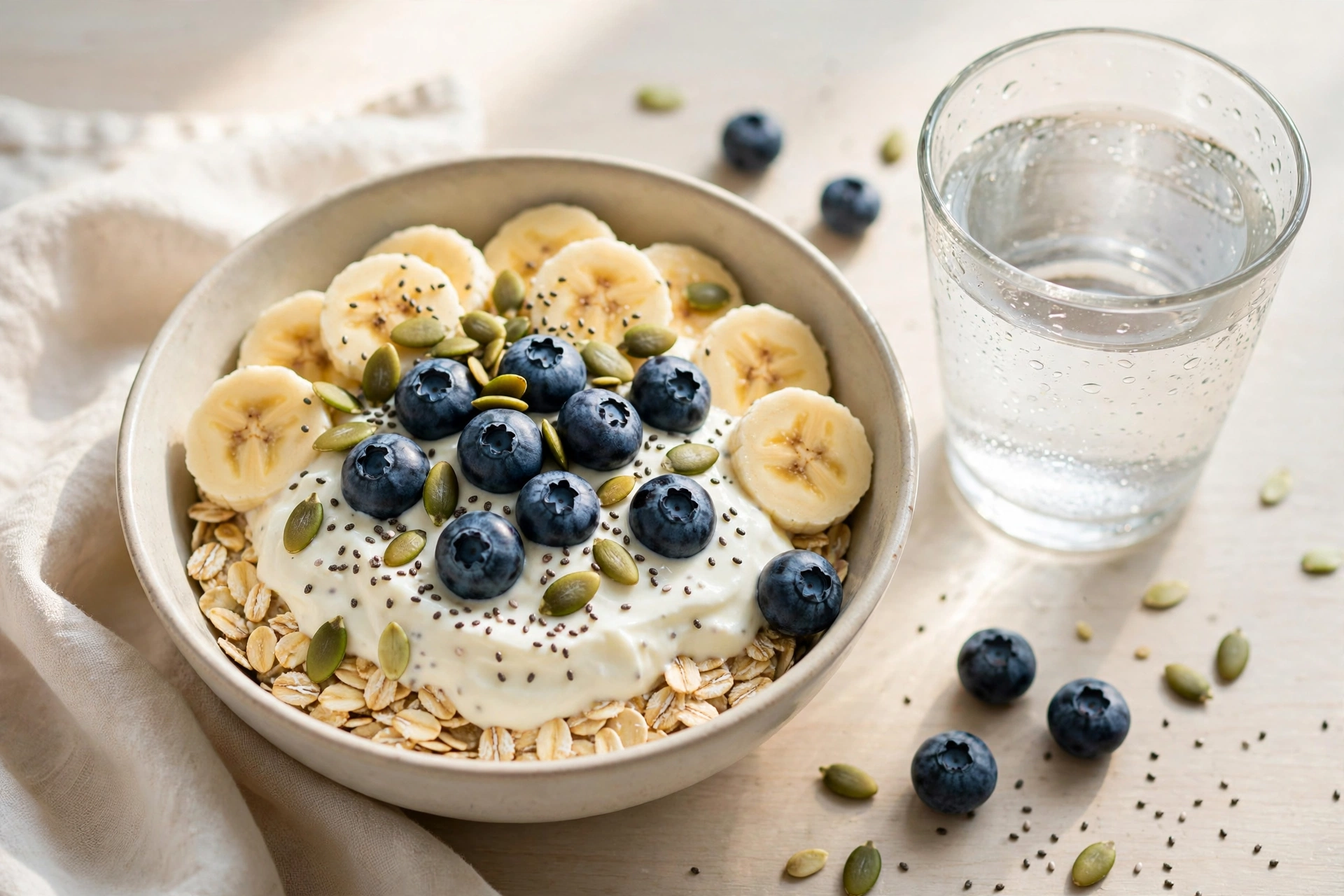 healthy breakfast bowl with oats, yoghurt, blueberries, banana and seeds for gut health