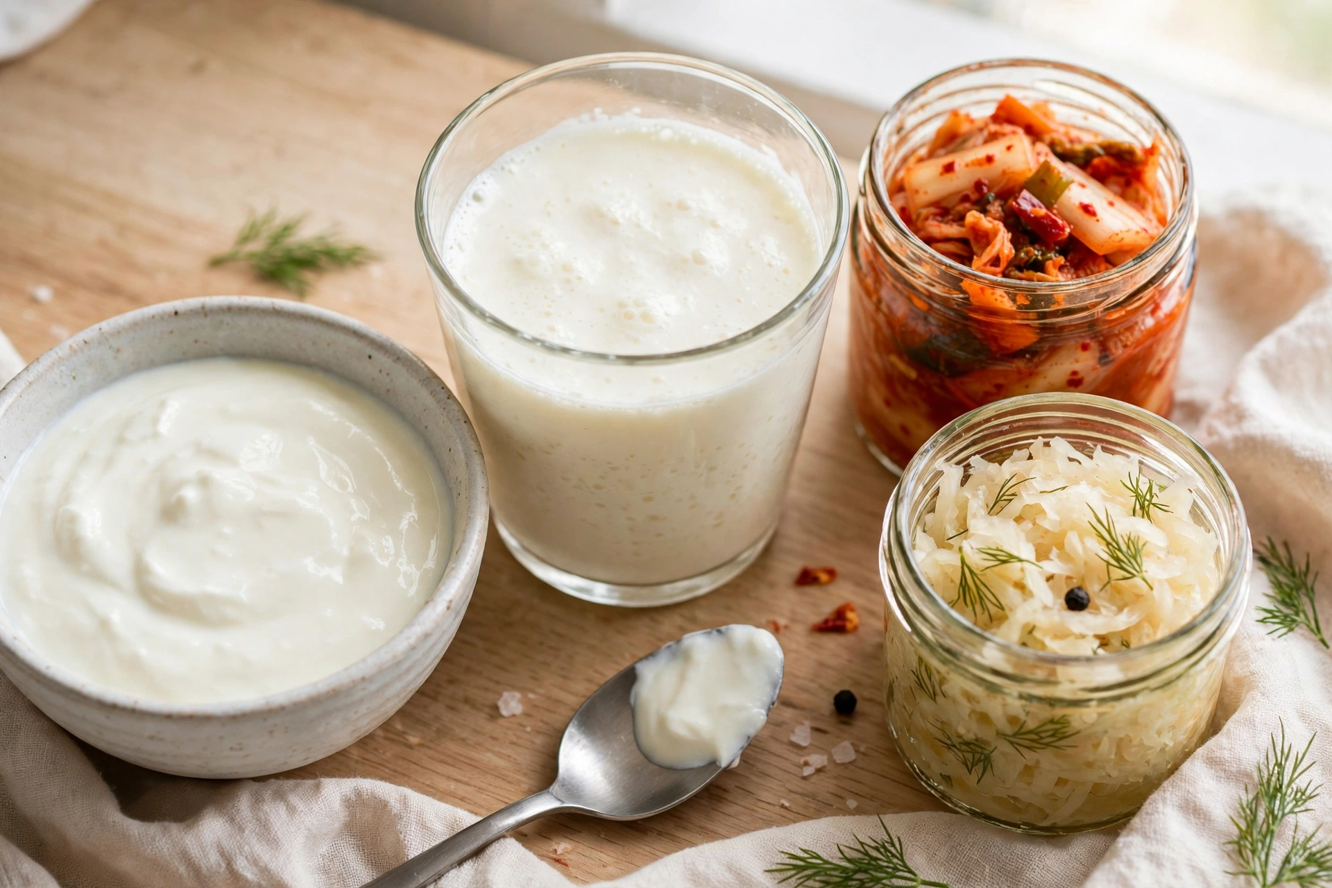 fermented foods for gut health including yoghurt, kefir, kimchi and sauerkraut